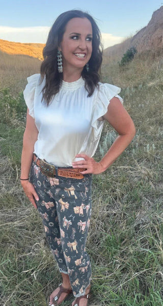 Sterling Kreek Cream Babydoll Ruffle Sleeve Top | Elegant Western Boutique Blouse - Barbwire n Bougie Boutique