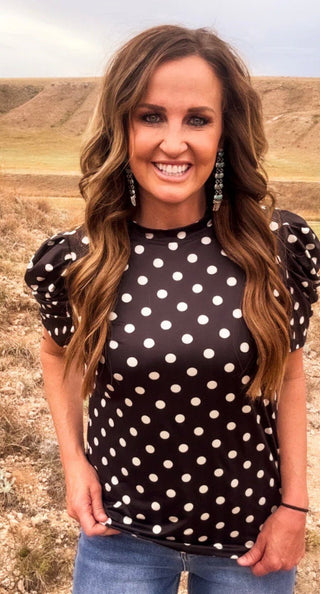 Sterling Kreek Dot Darling Top – Black Polka Dot Puff Sleeve Blouse - Barbwire n Bougie Boutique