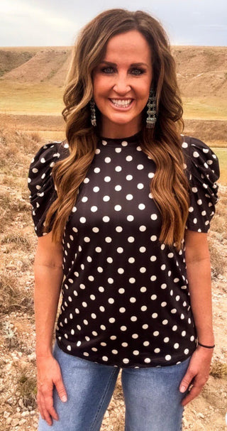 Sterling Kreek Dot Darling Top – Black Polka Dot Puff Sleeve Blouse - Barbwire n Bougie Boutique