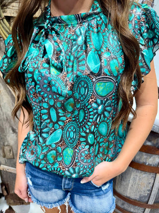 Sterling Kreek Wild Charm Turquoise Top - Barbwire n Bougie Boutique