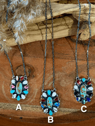 Sterling Silver Desert Mosaic Mixed Stone Cluster Necklace - Barbwire n Bougie Boutique