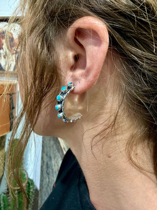 Sterling Silver Kingman Turquoise Hoop Earrings | Southwestern Turquoise Statement Hoops - Barbwire n Bougie Boutique
