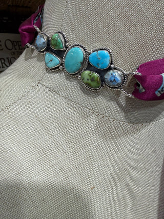 Sterling Silver Multi Stone Turquoise Twilly Slide | Genuine Turquoise Wild Rag Scarf Slide - Barbwire n Bougie Boutique