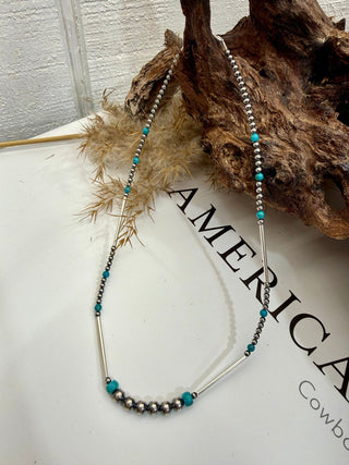 Sterling Silver Navajo Style Pearls & Turquoise Tube Bead Necklace | Modern Western Statement - Barbwire n Bougie Boutique