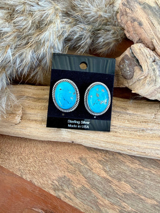Sterling Silver Oval Turquoise Statement Stud Earrings - Barbwire n Bougie Boutique