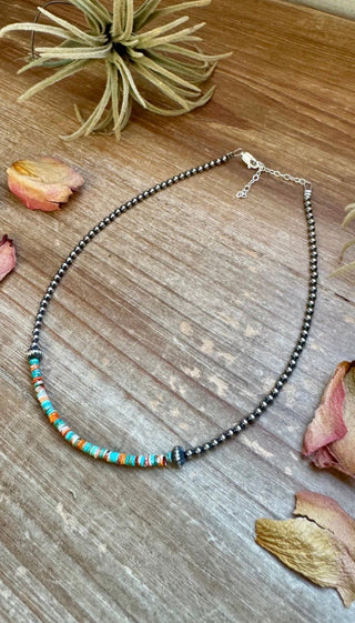 Sterling Silver Pearl Choker with Turquoise & Spiny Oyster Serape Heishi – 14” Western Layering Necklace - Barbwire n Bougie Boutique