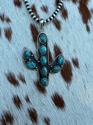 Sterling Silver & Turquoise Cactus Pendant - Barbwire n Bougie Boutique