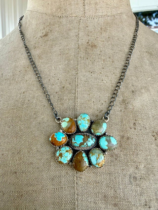 Sterling Silver Turquoise Cluster Flower Necklace-18” - Barbwire n Bougie Boutique