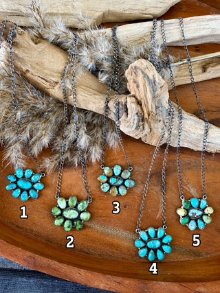 Sterling Silver Turquoise Cluster Flower Necklace-18” - Barbwire n Bougie Boutique