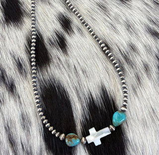 Sterling Silver Turquoise & Freshwater Pearl Cross Necklace - Barbwire n Bougie Boutique