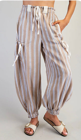 Striped Drawstring Cargo Jogger Pants | Relaxed Fit Bottoms-Taupe - Barbwire n Bougie Boutique