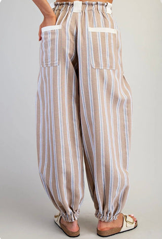 Striped Drawstring Cargo Jogger Pants | Relaxed Fit Bottoms-Taupe - Barbwire n Bougie Boutique
