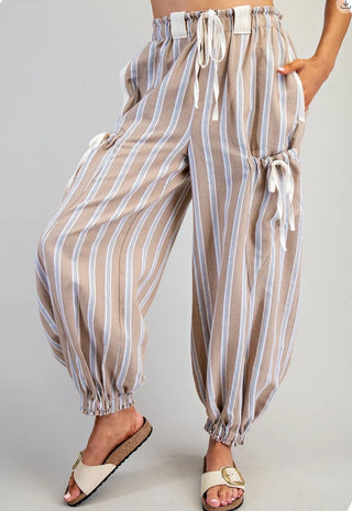 Striped Drawstring Cargo Jogger Pants | Relaxed Fit Bottoms-Taupe - Barbwire n Bougie Boutique
