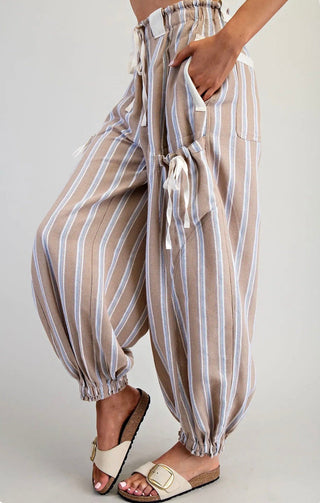 Striped Drawstring Cargo Jogger Pants | Relaxed Fit Bottoms-Taupe - Barbwire n Bougie Boutique