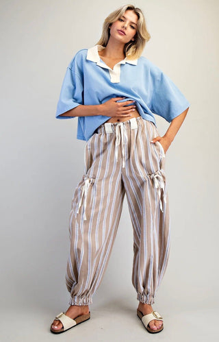 Striped Drawstring Cargo Jogger Pants | Relaxed Fit Bottoms-Taupe - Barbwire n Bougie Boutique