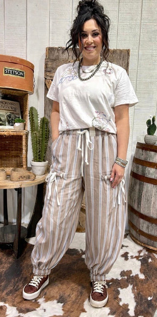 Striped Drawstring Cargo Jogger Pants | Relaxed Fit Bottoms-Taupe - Barbwire n Bougie Boutique