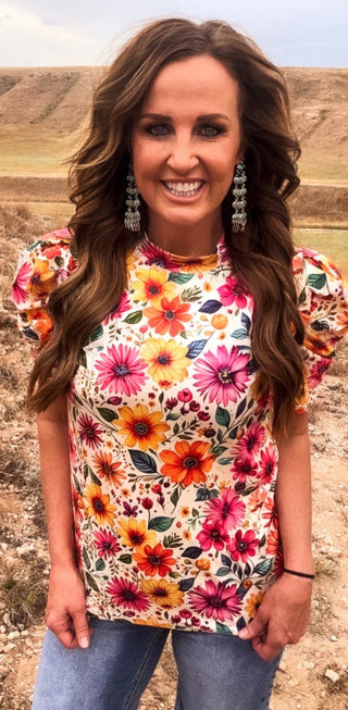 Sunrise Bloom Floral Bubble Sleeve Top | Women’s Bright Floral Boutique Blouse - Barbwire n Bougie Boutique
