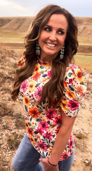 Sunrise Bloom Floral Bubble Sleeve Top | Women’s Bright Floral Boutique Blouse - Barbwire n Bougie Boutique
