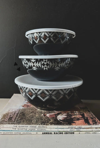 Super Fly Western Aztec Bowl Set with Lids – Black & White Ranch Kitchen Nesting Bowls - Barbwire n Bougie Boutique