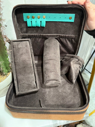 Tan/Turquoise Tooled Western Deluxe Travel Jewelry Case - Barbwire n Bougie Boutique
