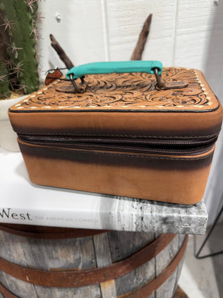 Tan/Turquoise Tooled Western Deluxe Travel Jewelry Case - Barbwire n Bougie Boutique