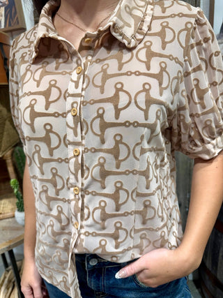 Taupe Snaffle Bit Mesh Button Top - Barbwire n Bougie Boutique