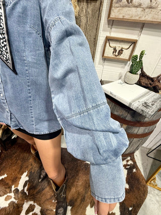 The Denim Drama Pearl Snap Puff Sleeve Top - Barbwire n Bougie Boutique