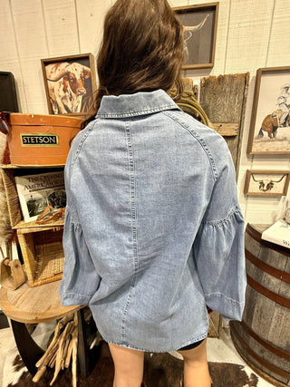 The Denim Drama Pearl Snap Puff Sleeve Top - Barbwire n Bougie Boutique