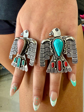 Thunderbird Adjustable Statement Ring – Turquoise or Pink Conch Western Ring - Barbwire n Bougie Boutique