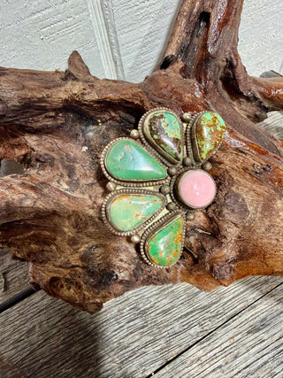 Tibetan German Silver Half Cluster Ring with Turquoise & Pink Conch | Adjustable Western Statement Ring - Barbwire n Bougie Boutique