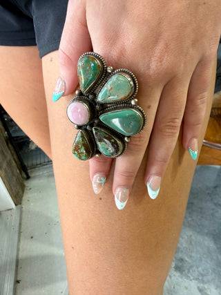 Tibetan German Silver Half Cluster Ring with Turquoise & Pink Conch | Adjustable Western Statement Ring - Barbwire n Bougie Boutique