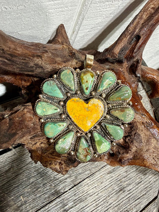 Tibetan German Silver Heart Pendant | Royston Turquoise & Bumblebee Jasper | Large Statement Pendant - Barbwire n Bougie Boutique