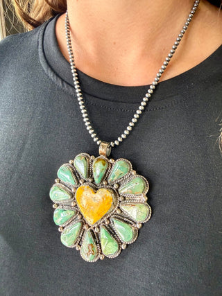 Tibetan German Silver Heart Pendant | Royston Turquoise & Bumblebee Jasper | Large Statement Pendant - Barbwire n Bougie Boutique