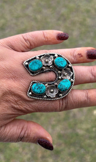 Tibetan Silver Kingman Turquoise Horseshoe Ring | Adjustable Western Boho Statement Ring - Barbwire n Bougie Boutique