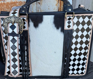 Tinsley Checkered Leather Cowhide Tote Bag – Western Fringe Computer & Work Bag - Barbwire n Bougie Boutique