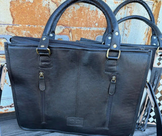 Tinsley Checkered Leather Cowhide Tote Bag – Western Fringe Computer & Work Bag - Barbwire n Bougie Boutique