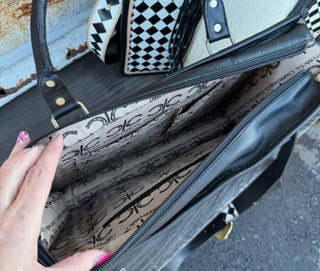 Tinsley Checkered Leather Cowhide Tote Bag – Western Fringe Computer & Work Bag - Barbwire n Bougie Boutique