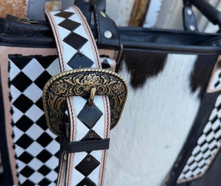 Tinsley Checkered Leather Cowhide Tote Bag – Western Fringe Computer & Work Bag - Barbwire n Bougie Boutique