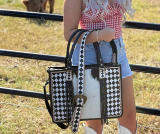 Tinsley Checkered Leather Cowhide Tote Bag – Western Fringe Computer & Work Bag - Barbwire n Bougie Boutique