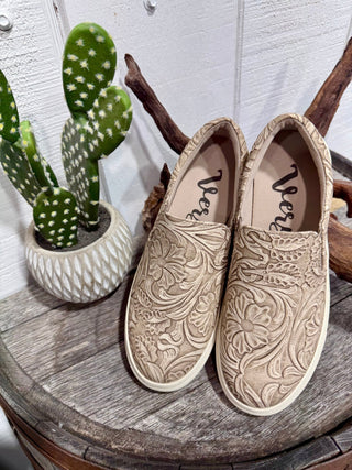 Tooled Floral Slip-On Sneakers – Cream Western Embossed Casual Shoes for Women - Barbwire n Bougie Boutique