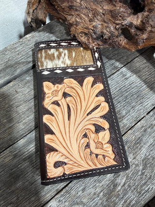 Tooled Leather & Cowhide Long Bifold Wallet | Western Floral Hand-Tooled Design - Barbwire n Bougie Boutique