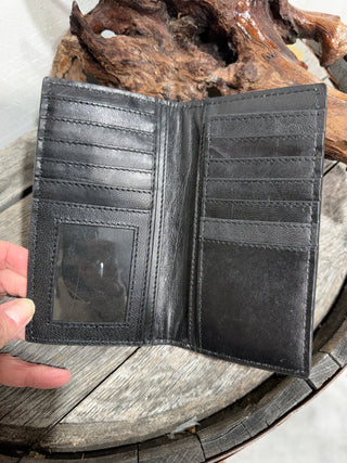 Tooled Leather & Cowhide Long Bifold Wallet | Western Floral Hand-Tooled Design - Barbwire n Bougie Boutique