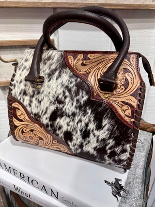 Tooled Leather & Hair-On Cowhide Western Handbag | Genuine Leather Cowhide Speedy Purse- Medium - Barbwire n Bougie Boutique