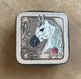 Tooled Leather Horse Mini Jewelry Travel Case - Barbwire n Bougie Boutique