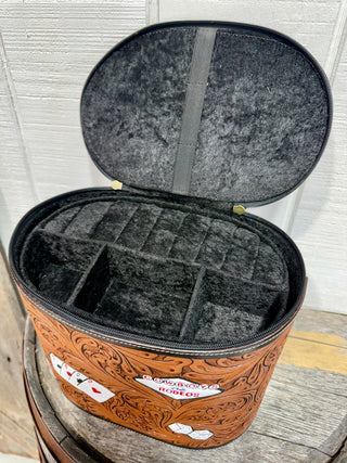 Tooled Leather Western Jewelry/Makeup Train Case – Cowboys & Rodeos Travel Organizer-Vegas-Casino - Barbwire n Bougie Boutique