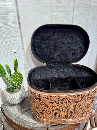 Tooled Leather Western Makeup & Jewelry Organizer Case | Cowgirl Travel Cosmetic & Jewelry Box - Barbwire n Bougie Boutique