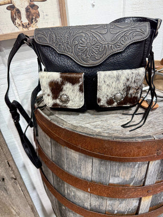 Trinity Ranch Black Hair-On Hide Crossbody Bag with Concho Pockets - Barbwire n Bougie Boutique