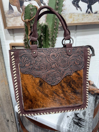 Trinity Ranch Brindle Beauty Tooled Cowhide Concealed Carry Tote- Dark Brown - Barbwire n Bougie Boutique