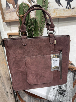 Trinity Ranch Brindle Beauty Tooled Cowhide Concealed Carry Tote- Dark Brown - Barbwire n Bougie Boutique
