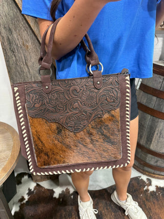 Trinity Ranch Brindle Beauty Tooled Cowhide Concealed Carry Tote- Dark Brown - Barbwire n Bougie Boutique